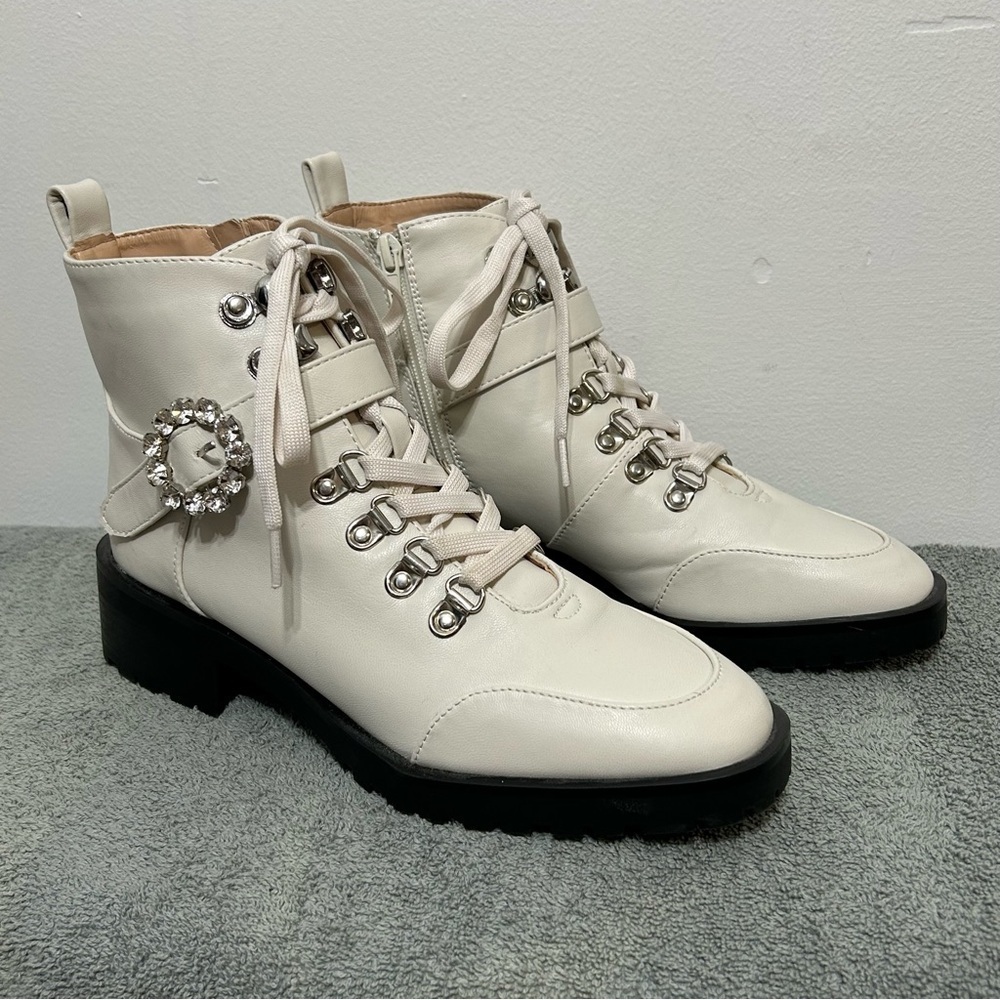 New! Nanette Lepore Irina Jeweled Combat Style Boots - Picture 3 of 15